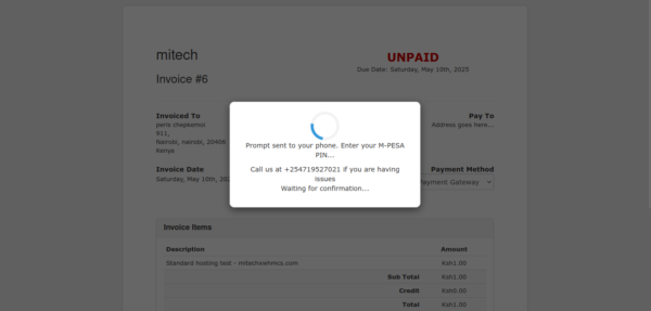 whmcs m-pesa modal payment page