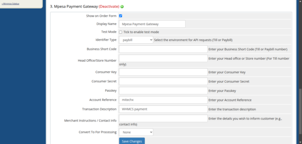 whmcs mpesa payment gateway admin settings